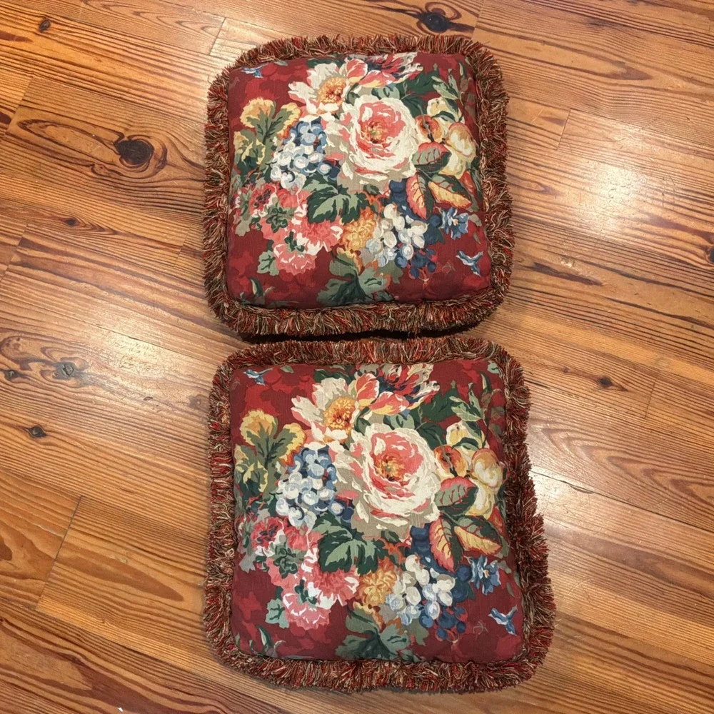 Vintage Floral Fringe Throw Pillows Set of 2 Burgundy Red Rose Peony 18x18